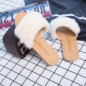 Banded Faux Fur Open Toe Slides/Slip-Ons, Ivory